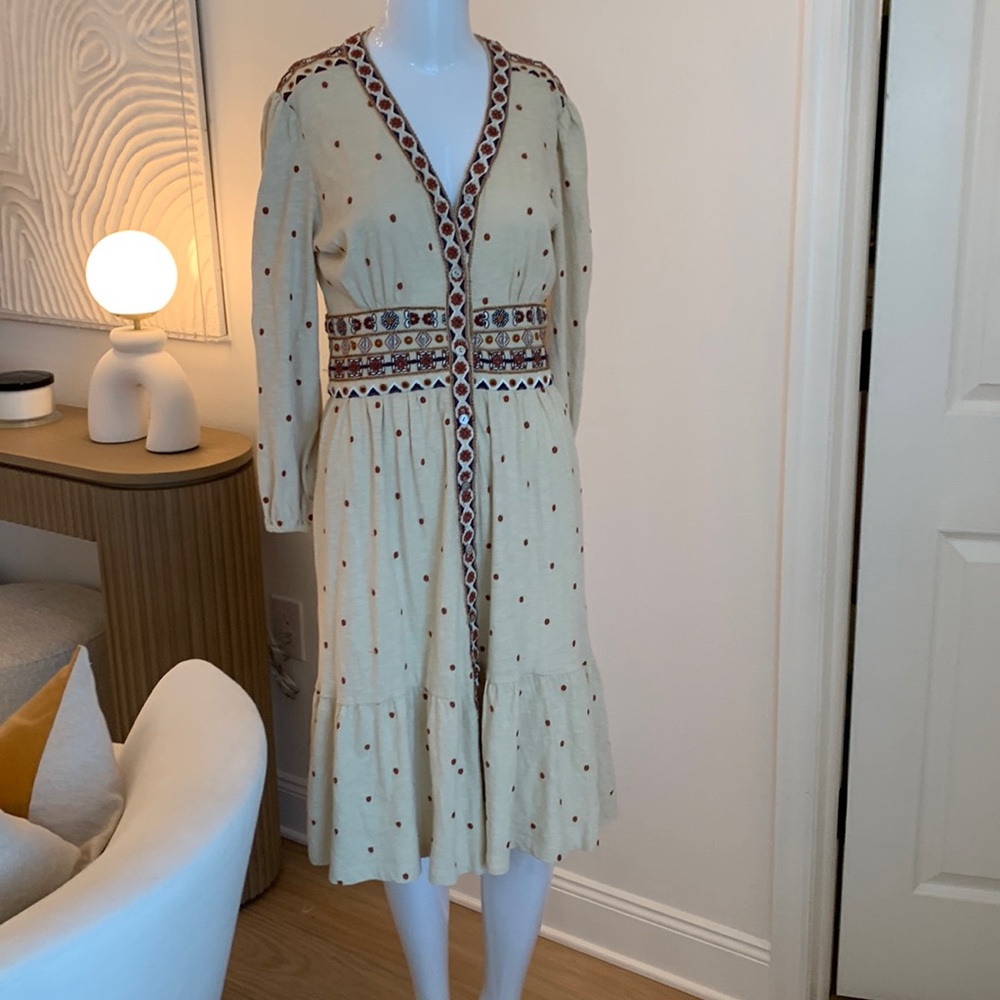 Beige Embroidered V-Neck Midi Dress with Brown Dot Accents